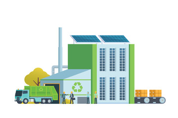 Green waste recycling plant. Modern flat style, Eco factory illustration. Dump truck and waste management building.