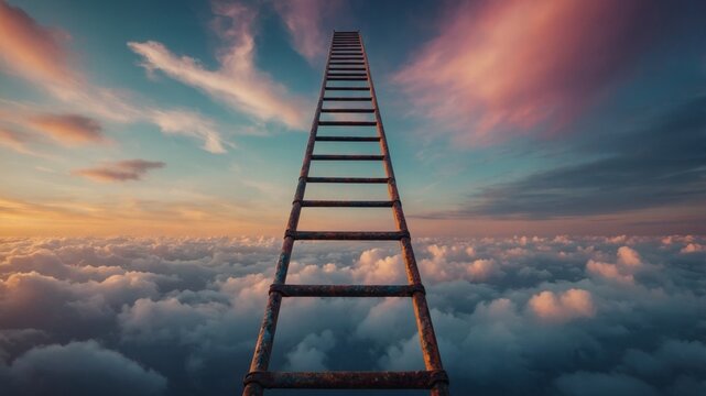 Ladder reaching a cloud in a colorful sky.