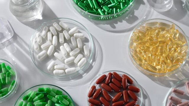 A pharmaceutical advertisement features transparent petri dishes filled with capsule samples on a white table, interspersed with laboratory equipment like test tubes and burettes.