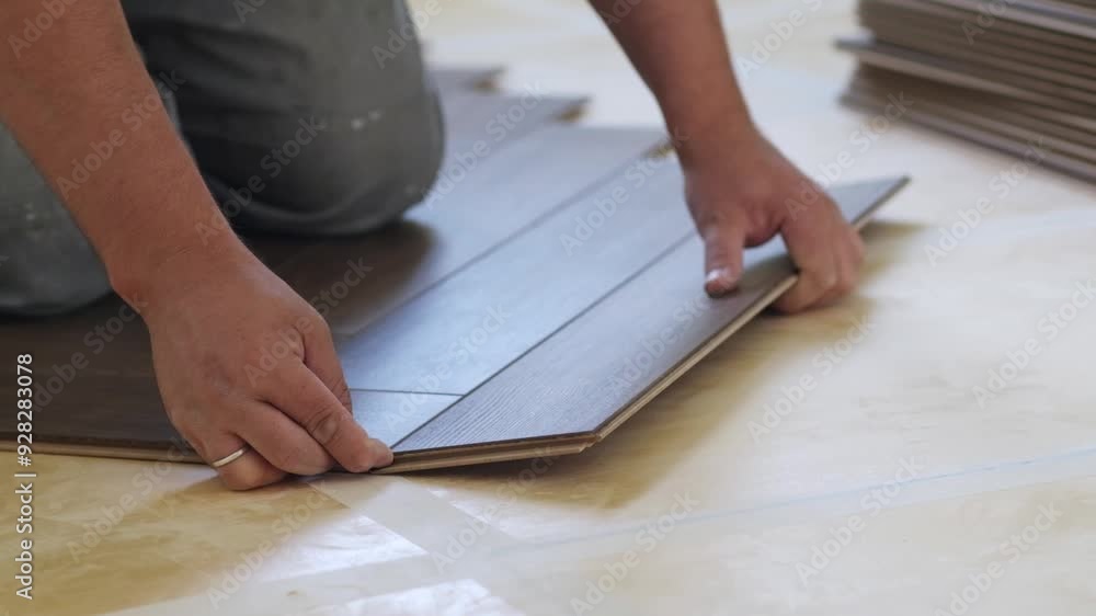 Poster Close-up of a man kneeling and installing laminate flooring in a home.