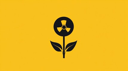 Minimalistic illustration of a radioactive symbol blooming as a flower against a yellow background