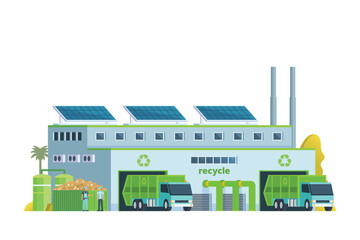 Obraz premium Green waste recycling plant. Modern flat style, Eco factory illustration. Dump truck and waste management building.