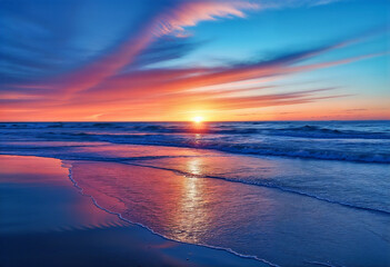 Fototapeta premium Majestic Sunset Paints Ocean and Beach in Warm Hues, Creating Tranquil Coastal Landscape