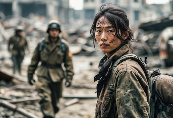 Fototapeta premium Resilient Explorer Navigates war Landscape, Woman with Backpack Surveys Desolate Urban Ruins