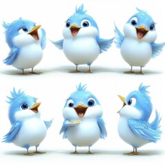 Naklejka premium Cute animated blue birds expressing various joyful emotions.