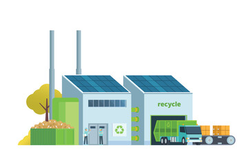 Green waste recycling plant. Modern flat style, Eco factory illustration. Dump truck and waste management building.