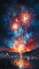 Vibrant fireworks light up the night sky over a shimmering water surface, creating a festive and enchanting atmosphere.