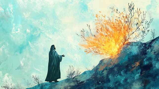 Moses with the burning bush, Sinai, old Testament and jewish Torah, Book of Exodus, religion