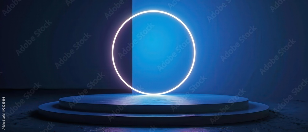 Poster a glowing circular design on a podium, illuminated by blue light, creating a modern and futuristic a