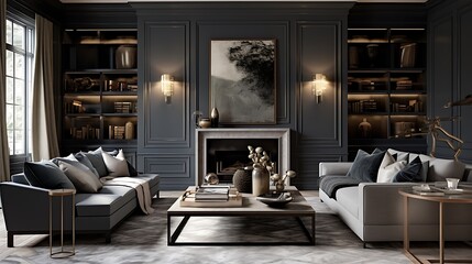 Living room with a sophisticated slate gray color palette
