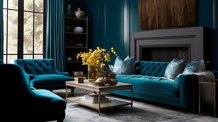 Living room with a stylish teal color scheme