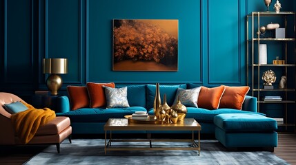 Living room with a stylish teal color scheme