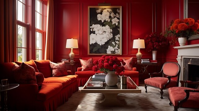 Living room with a vibrant red color scheme