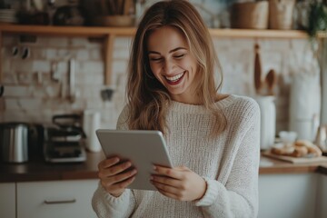 A woman is smiling and holding a tablet in her hand. She is in a kitchen with various items such as a toaster, a bowl, and a cup