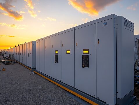 Industrial electrical panels at sunset.