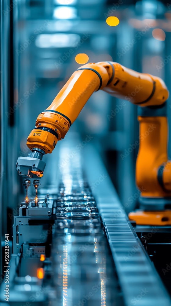 Poster industrial robotic arm working on assembly line.