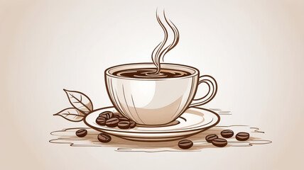 Hand-drawn illustration of a steaming coffee cup with coffee beans and leaves on a saucer, vintage style.
