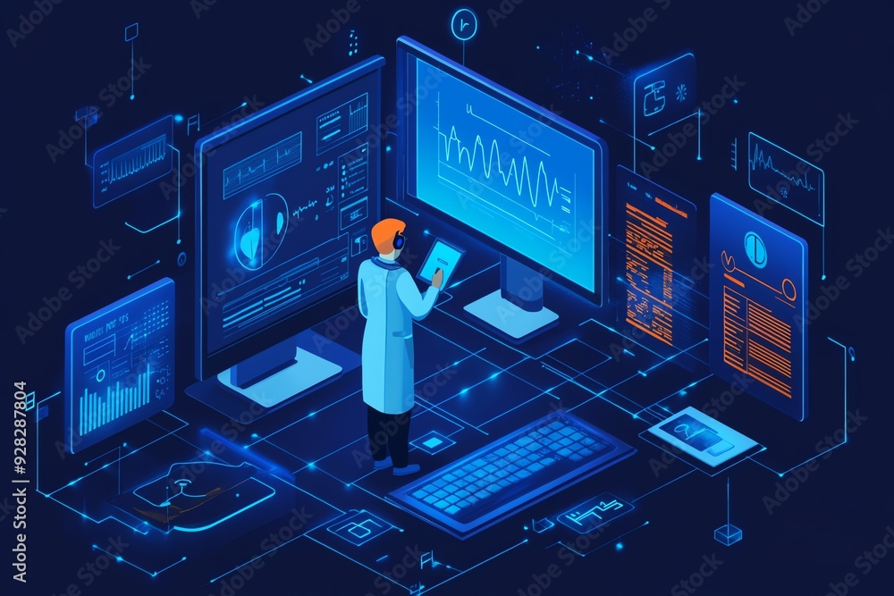 Aufkleber Isometric Illustration Of A Man Analyzing Data On Multiple Screens.