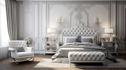 Stylish bedroom adorned with elegant silver and white accents