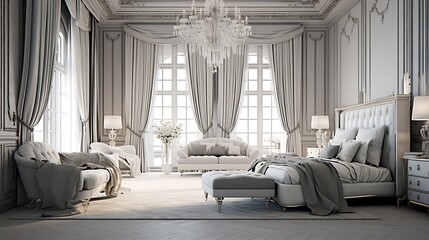 Stylish bedroom adorned with elegant silver and white accents