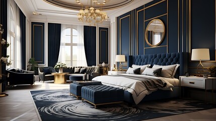 Stylish bedroom decorated in elegant navy blue and gold