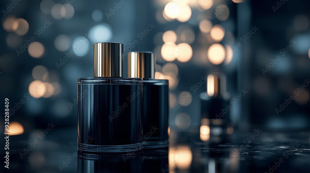 Poster elegant dark perfume bottles with golden caps in a softly lit setting