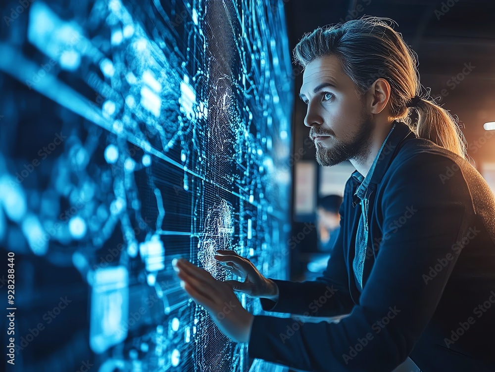 Fototapete Man Analyzing Data on Interactive Screen.