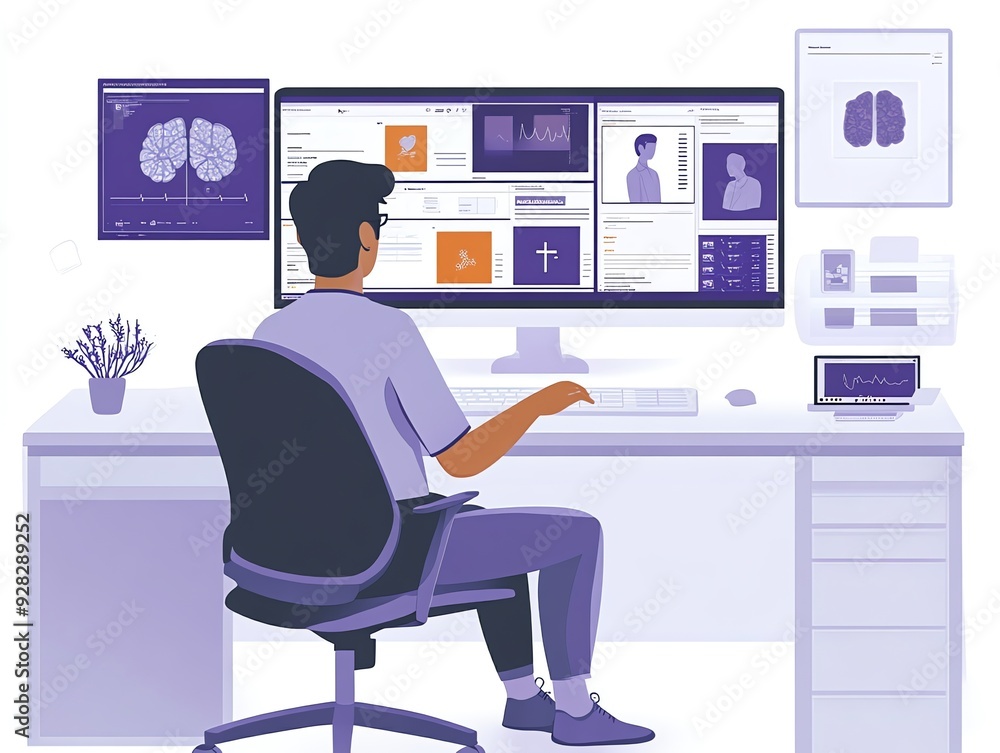 Aufkleber Man working on a computer with medical data.