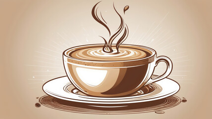 Hand-drawn coffee cup with latte art and rising steam, highlighted with a radiant background, vintage style illustration.

