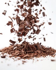 Chocolate chunks and shavings falling in midair