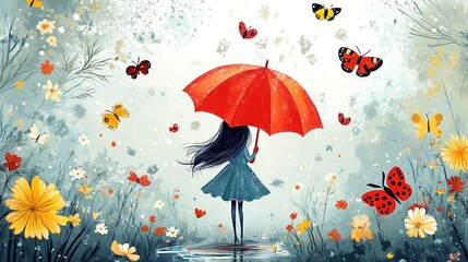 Cute girl with red umbrella and ladybugs in rain