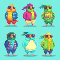 Fototapeta premium Colorful cartoon birds in trendy outfits and sunglasses, showcasing fun and style.