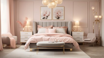 Stylish bedroom showcasing trendy blush pink and gold elements