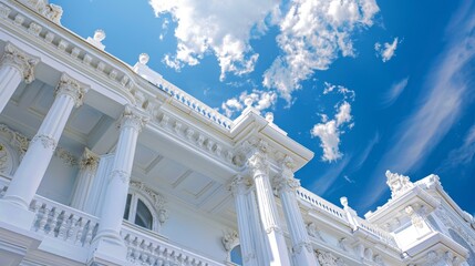 Fototapeta premium close-up of luxurious white mansion under blue skies, showcasing intricate baroque architectural details and opulent design elements, representing wealth and elegance