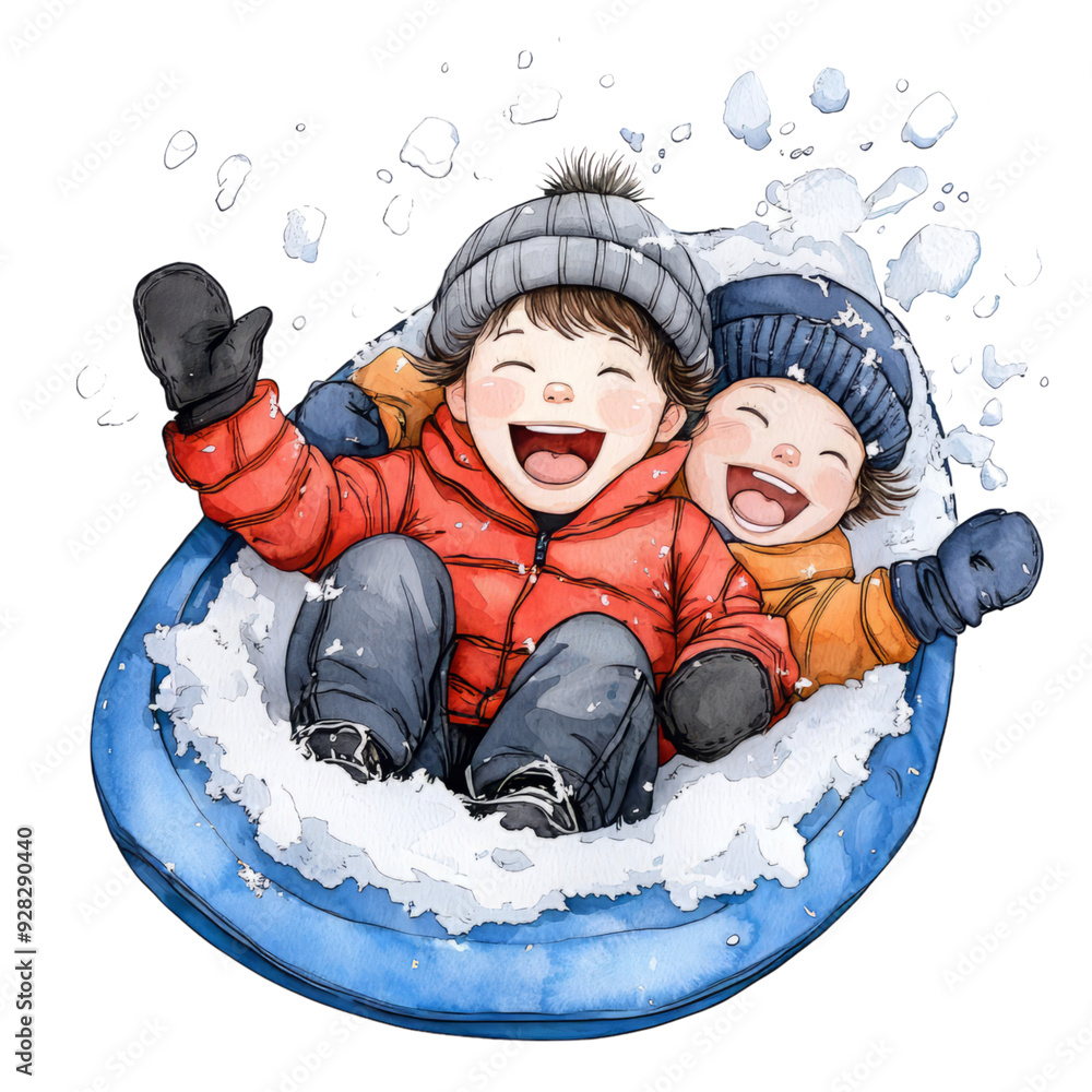 Wall mural two joyful children sledding down a snowy hill, wearing warm winter clothes and sharing smiles in a 