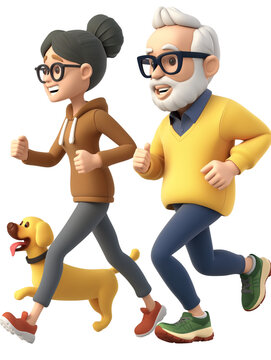 recommend clip art: Daughter and grandfather jogging with dog, cartoon 3D