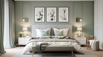 Stylish bedroom with a calming sage green and white design