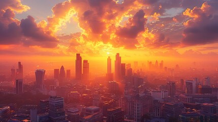Fototapeta premium City of London at sunset with communication icons and network lines
