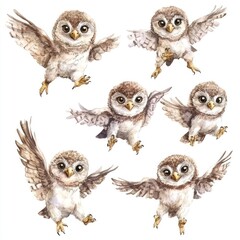 Fototapeta premium A collection of cute, illustrated baby owls in various poses.
