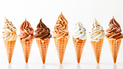 Set of soft chocolate, vanilla and strawberry and assorted ice cream in a waffle cone on a white background