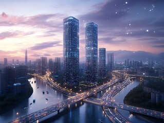 Modern Cityscape with Skyscrapers and River.