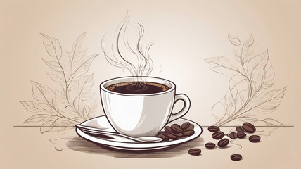 Hand-drawn coffee cup with steaming hot drink, spoon on saucer, surrounded by coffee beans and leaves, vintage style illustration.
