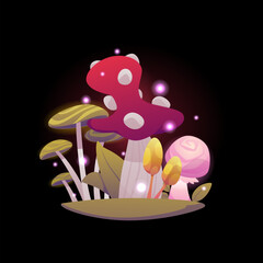 Glowing fantasy alien mushrooms group, vector cartoon magic unusual fungi fly agaric, toadstool, fantastic game fungus