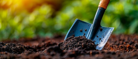 A close-up of a shovel digging into rich soil with blurred greenery in the background, symbolizing gardening and outdoor work.