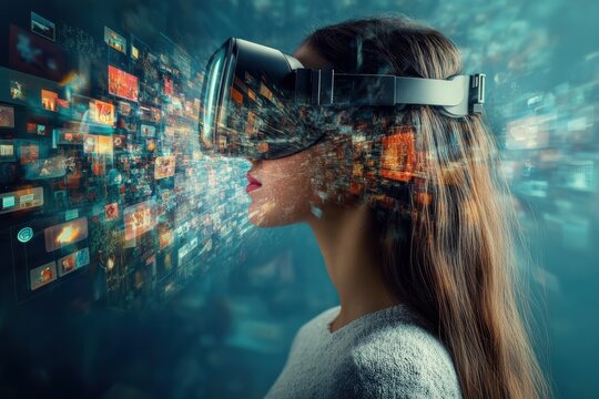 Teenage girl with virtual reality simulator looking up