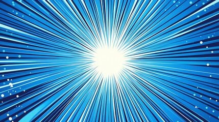 Abstract blue gradient background with halftone dots and sun rays radiating from the center of the frame