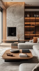 Modern living room with fireplace and bookshelf.