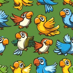 A colorful pattern featuring various cartoon-style birds on a green background.