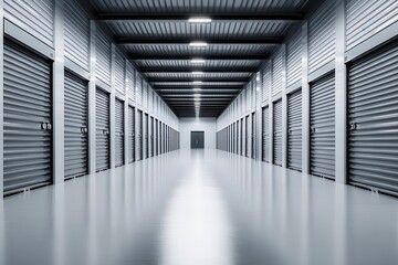 Expansive warehouse interior filled with organized rows of metal self-storage units, creating a sense of order and space optimization