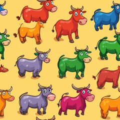 A colorful pattern featuring cartoon cows in various colors on a yellow background.